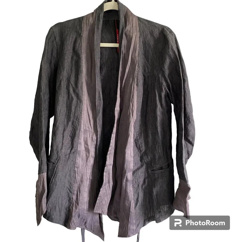 100% Flax LINEN Ana Nonza Bell Sleeve Cardigan with Belt Gray Purple Size M